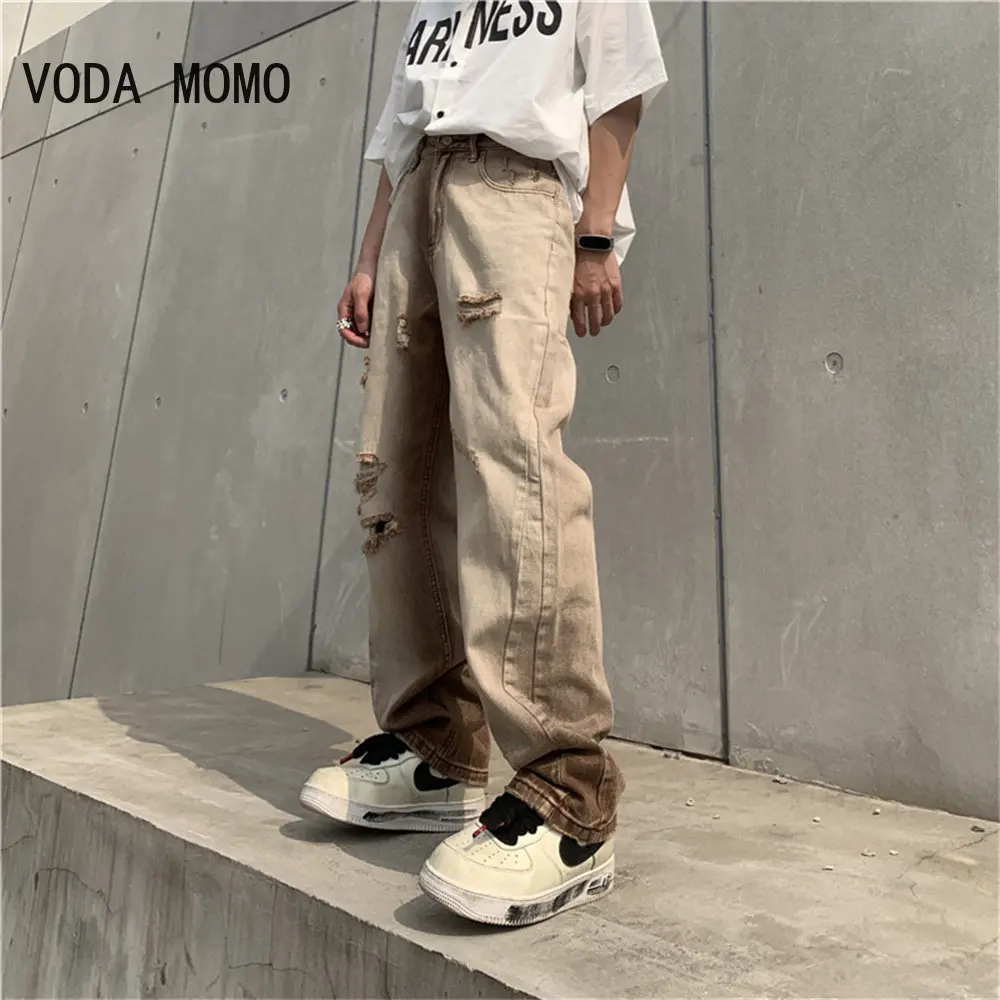 

Brown Ripped Holes Jeans Men PANTS S-3XL Summer Baggy Mopping Denim Wide Leg Trousers Casual Hip Hop Korean Fashion Bottoms