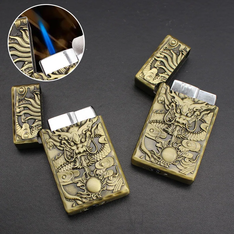 

New Carving Dragon Lighter Metal Straight Inflatable Cigarette Lighter Smoking Set Gift