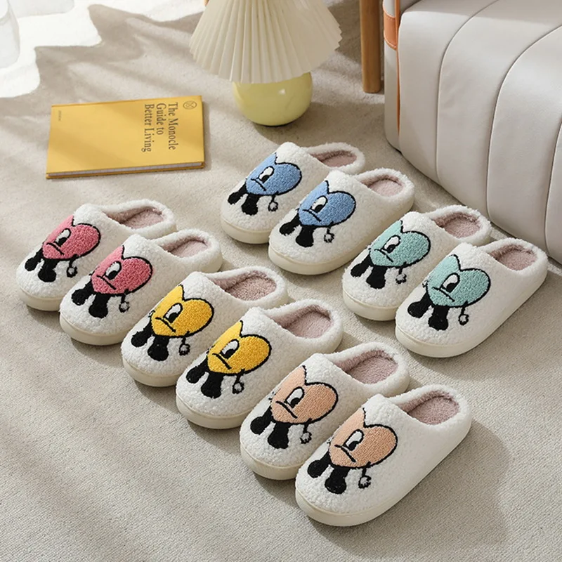 Bad Bunny Un Verano Sin Ti Autumn Winter Fulffy Fur Slippers Plush Fleece Flat Love Heart Slippers Indoor Slippers Couple Shoes