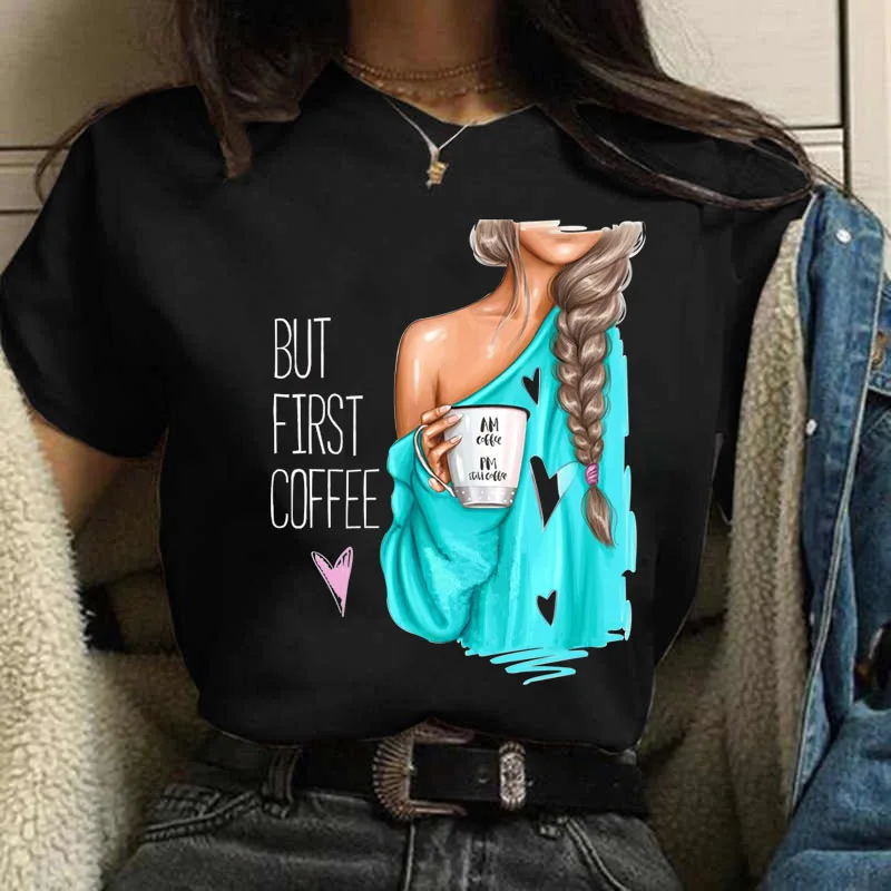 

Kahve Kızı Günlük Kadın T-Shirt Yeni Siyah Kadın Üst Yuvarlak Boyun Kadın Harajuku Moda T-Shirt Kısa Kollu