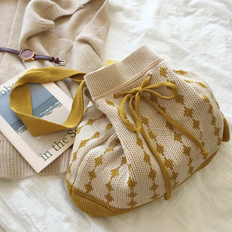 Южная Корея Ins Плед контрастного цвета Сумка-ведро Вязаная сумка на плечо