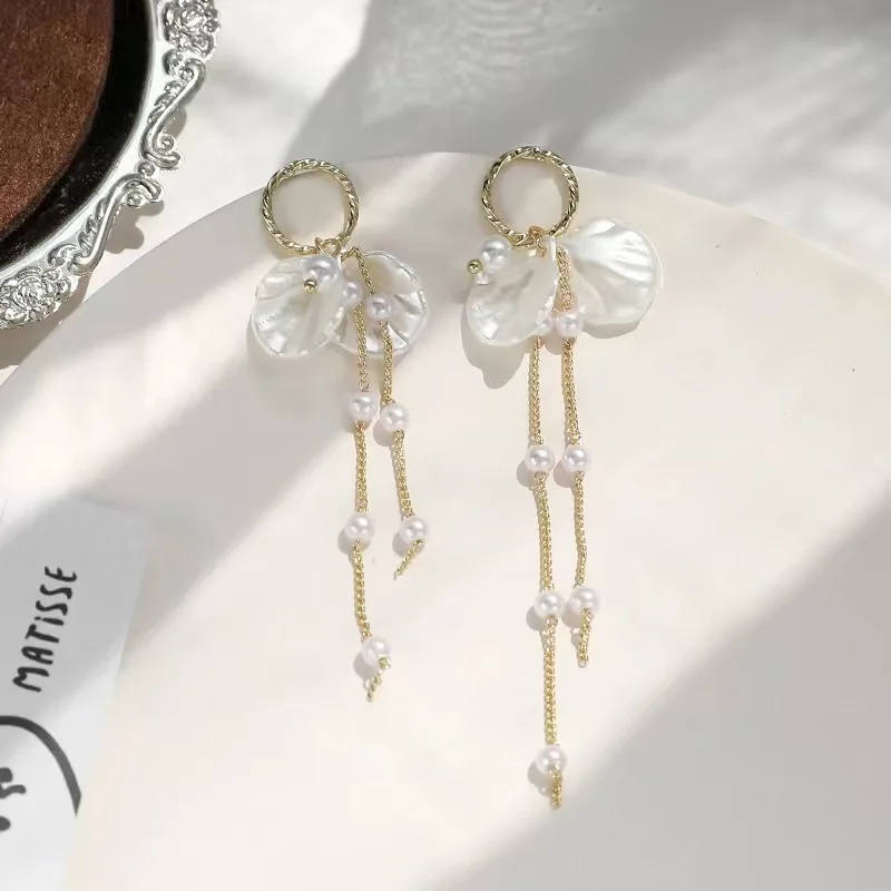 

Popular Jewelry Drop Earring Temperament Simple Pearl Petals Long Tassel Earings Fashion New Dangle Earrings For Women Girls