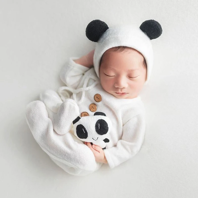 

Newborn Photography Props Baby Knitted Romper Cute Bear Ears Hat Bear Doll Set Infants Photo Shooting Beanies Jumpsuit