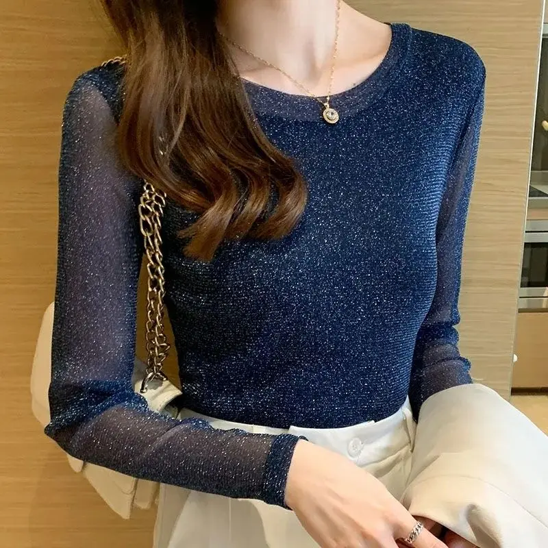 

Stylish Long Sleeve Shiny Silver Thread T-Shirt High Elasticity for Women Slim Thin Gauze Elegant Women Clothes Spring Autumn