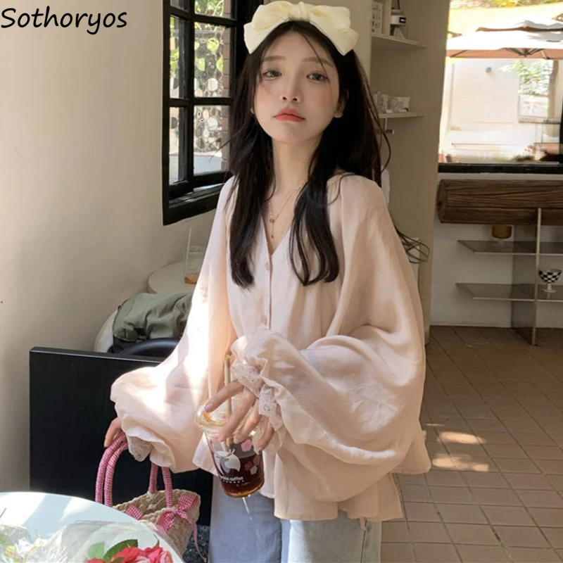 

Shirts Women Shirring Clothing Design Lovely V-neck Korean Style Female Elegant Temperament Tops All-match Simple Spring Casual