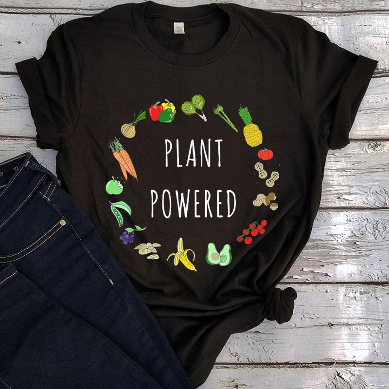 

Powered By Plants Graphic Tee Fashion Ladies Tops Vegan Tshirts Woman Eat Plants Clothes Summer Tops Kawaii Clothes M