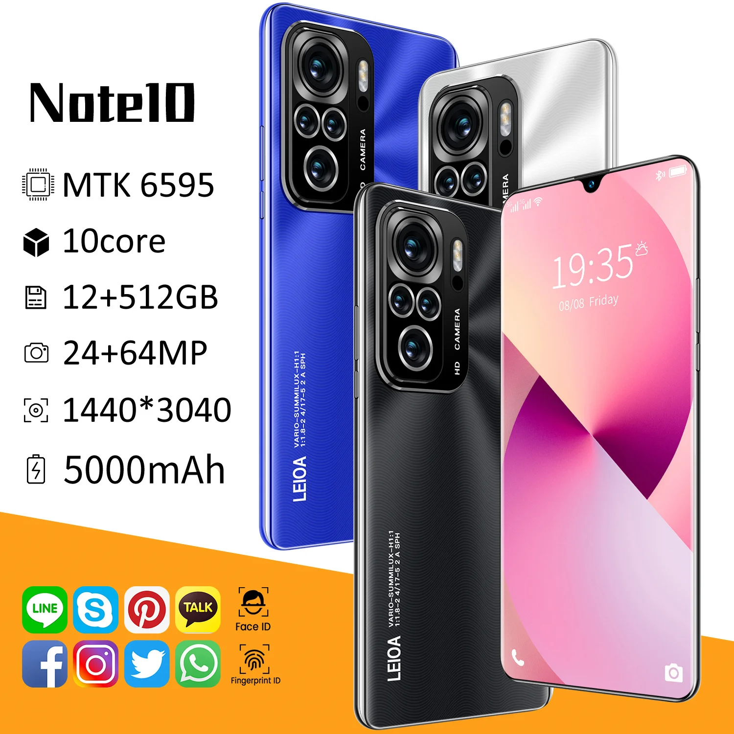 

Note10 7.2Inch FHD 1440*3040 MTK6595 CPU 12+512GB 24MP+64MP 5000mAH Android Global Version Unlocked Dual Card Mobile Phone