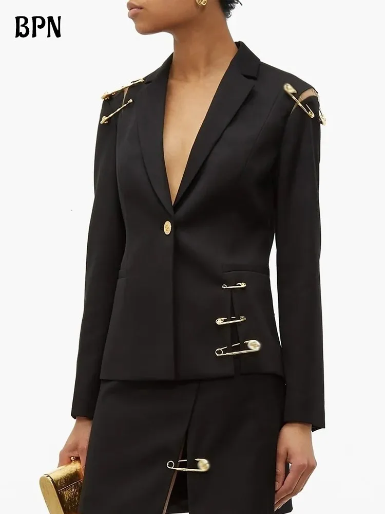 

BPN Casual Patchwork Metal Buckle Blazer For Women Notched Collar Long Sleeve Spliced Mesh Hollow Out Slim Blazers Female Autumn