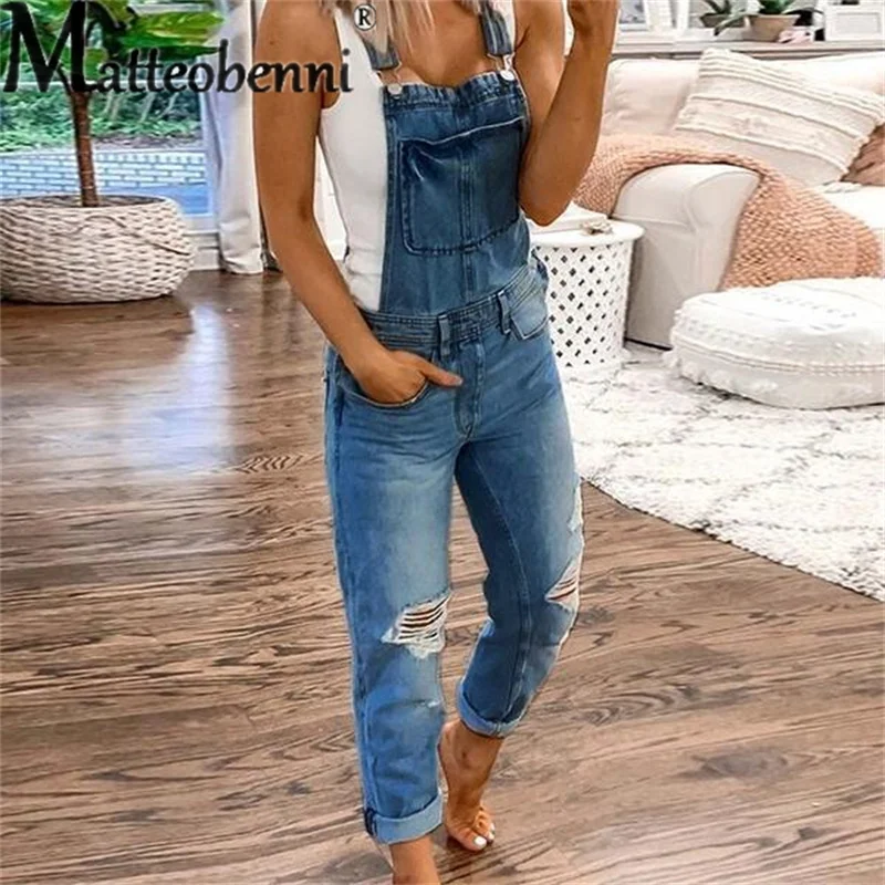 Fashion Broken Holes Straight Jeans Splicing Pocket Strap Pants Women's Street Casual Versatile Basic Jumpsuit Female Rompers 23