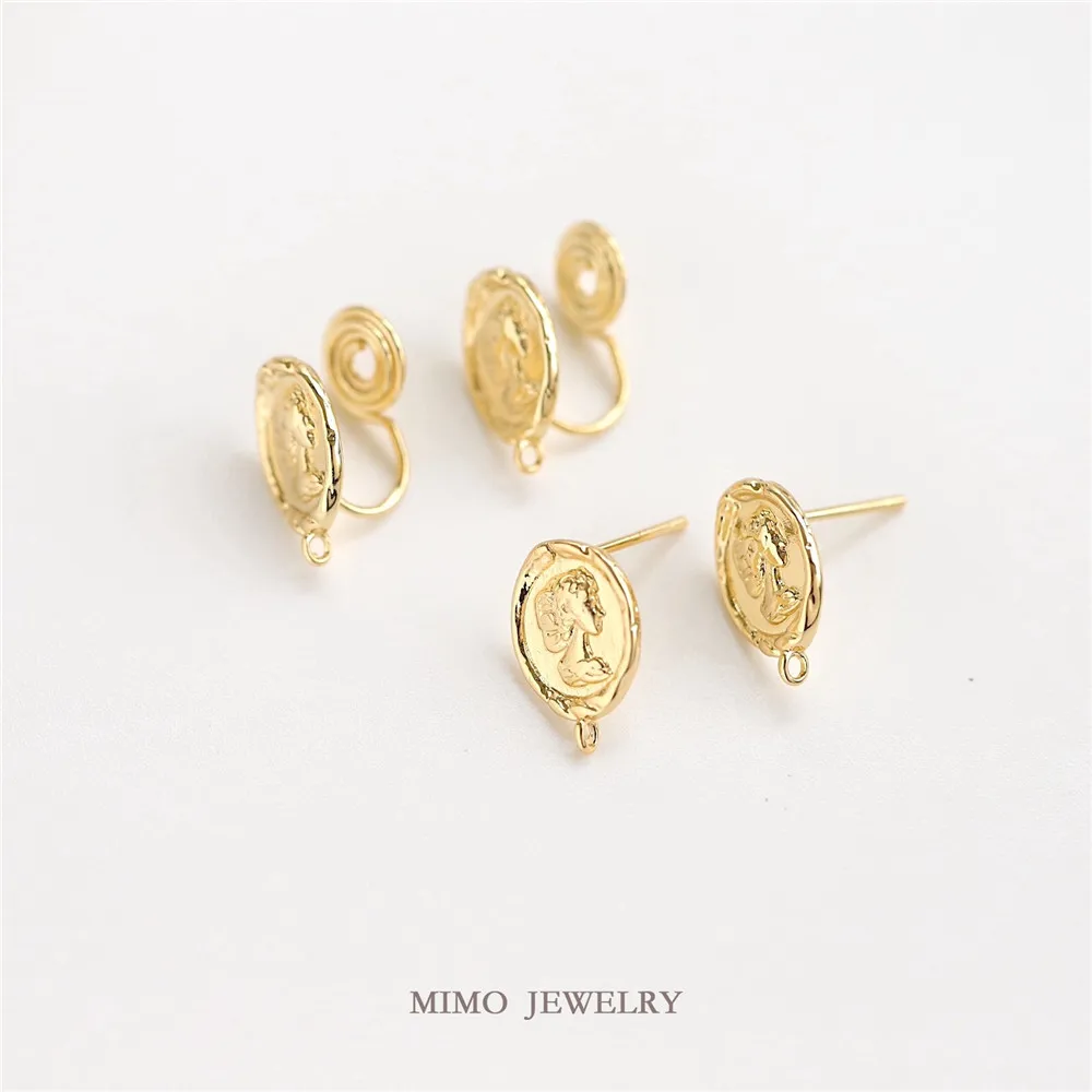 

MIMO JEWELRY Copper plated real gold Queen's head seal wind earrings 925 silver pin DIY earrings accessories