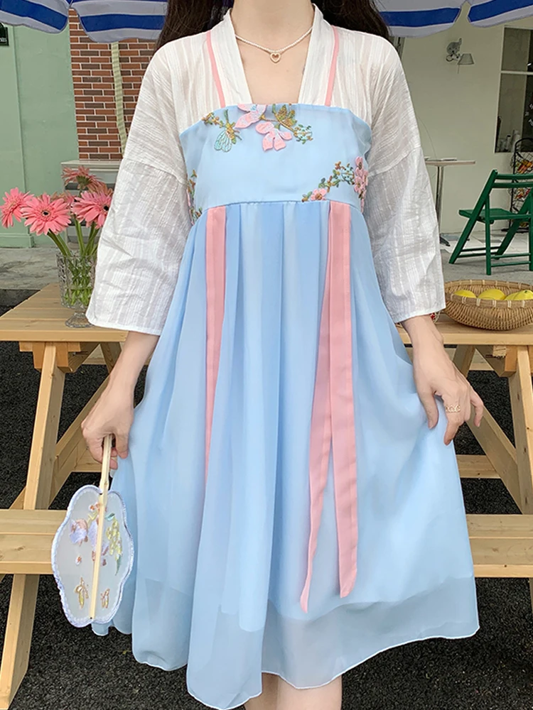 

Женское милое шикарное платье в китайском стиле Mori Girl, летнее марлевое платье миди с матросским воротником и цветочной вышивкой на талии