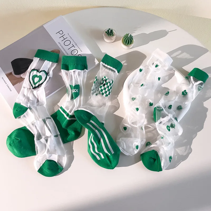 

Summer Mesh Thin Socks Glass Crystal Silk Transparent Socks Woman Girl 2023 New Funny Heart White Green Long Slippers Stockings