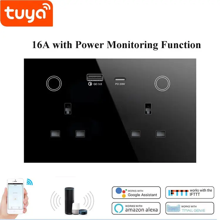 Фото Умная розетка с Wi-Fi/Zigbee, настенная розетка с Wi-Fi, USB Type-C, PD, 20 Вт, сенсорный выключатель, с дистанционным управлением через Alexa Google Home №1