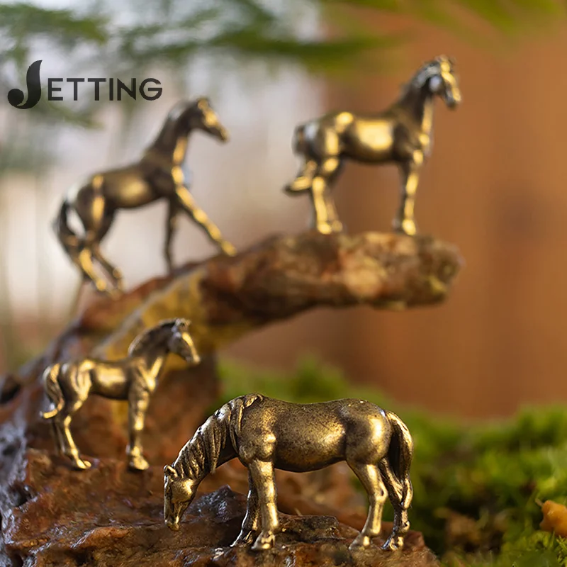 Античная латунь Твердый длинный хвост фигурки лошадей миниатюры фэн-шуй