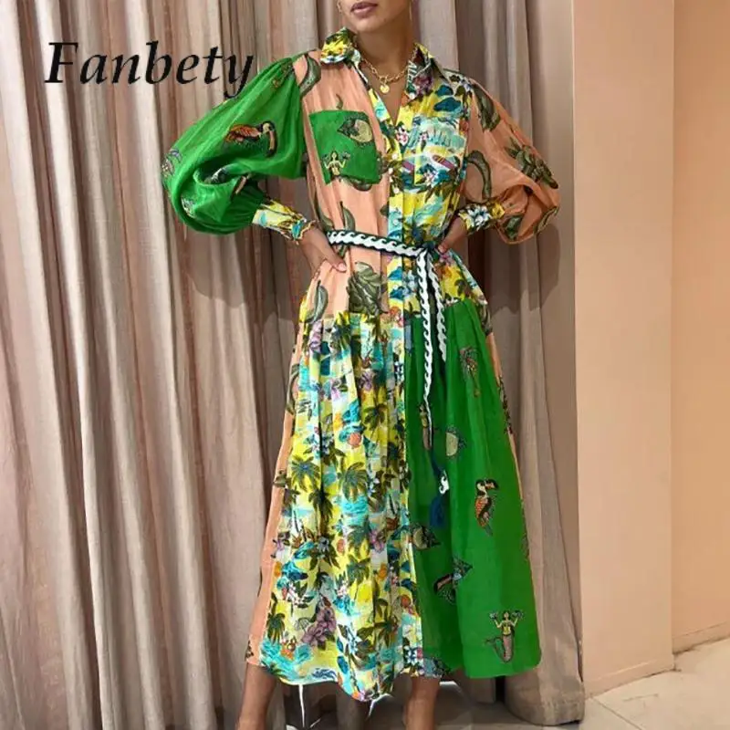 

Новинка осени 2023, шикарное платье-рубашка с принтом в стиле пэчворк, женское модное ретро платье макси в стиле бохо с рисунком, женское Повседневное платье