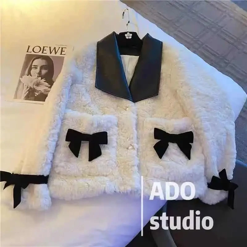 Kawaii Faux Rabbit Fur Cropped Coat Women Korean Fashion Bow Lapel Quilted Cotton Jacket Winter Thick Elegant Fleece Outerwear