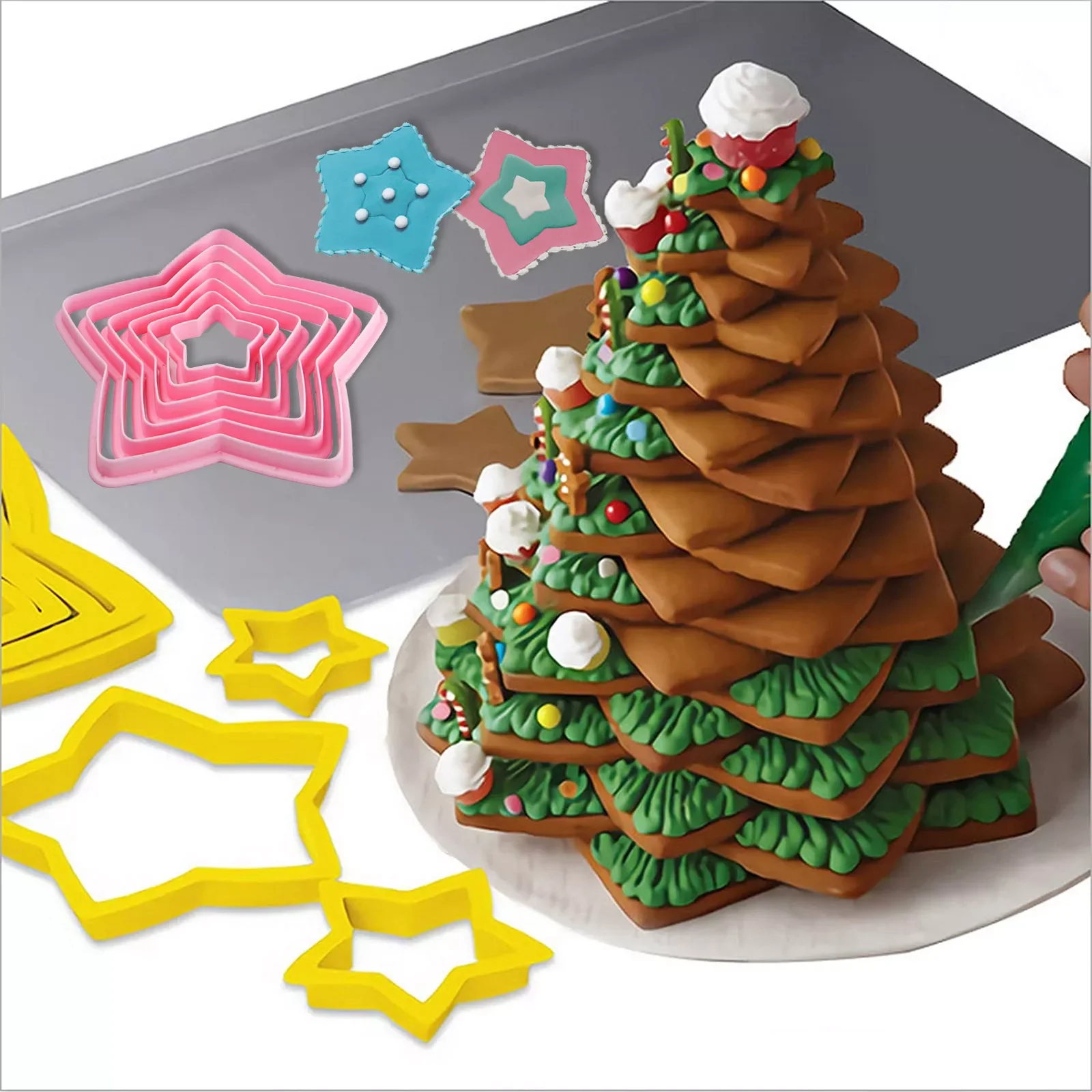 

6Pcs/Set Christmas Tree Cookie Cutter Mold Stars Shape Fondant Cake Biscuit Cutter Moulds 3D Cake Decorating Tools Baking Moulds