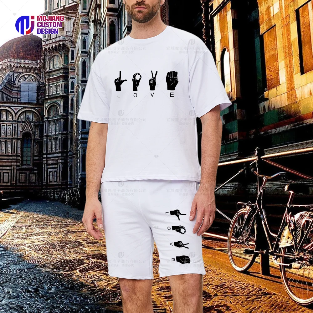 

Letter LOVE & Gesture Print Men's T-Shirt Set, Crew Neck Short Sleeve Top, Graphic Shorts Men's Shirt Summer Dress