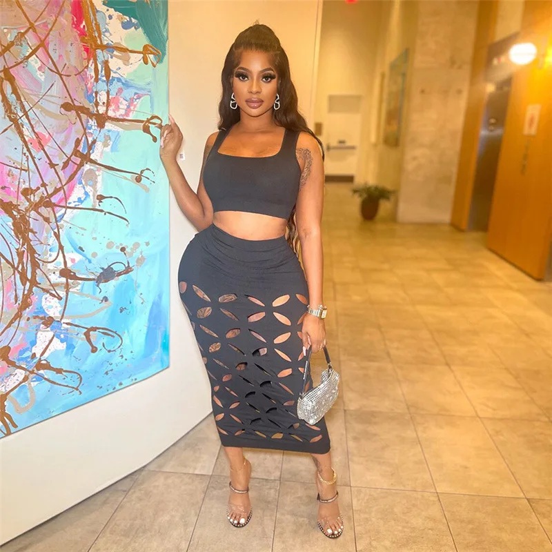 

Sexy Hollow Women 2 Piece Set Solid Basic Stretch Tank Tops Chic Long Skrits Birthday Party Matching Suits