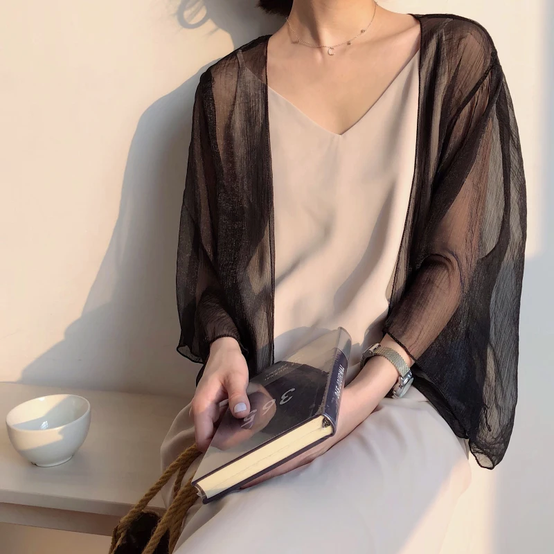 

Ginzagirl Office Lady Chiffon Shirt Medium And Long Kimono Clothes Coat Shawl Summer New Korean Lady's Sunscreen Kawaii Clothes