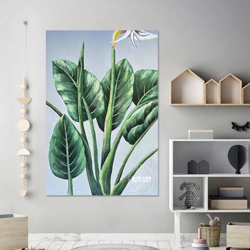 

Study Room Decor Picture Unframed Modern Wall Art Abstract Canvas Painting Acrylic Design Green Leaf Plant Hand Painted Artwork