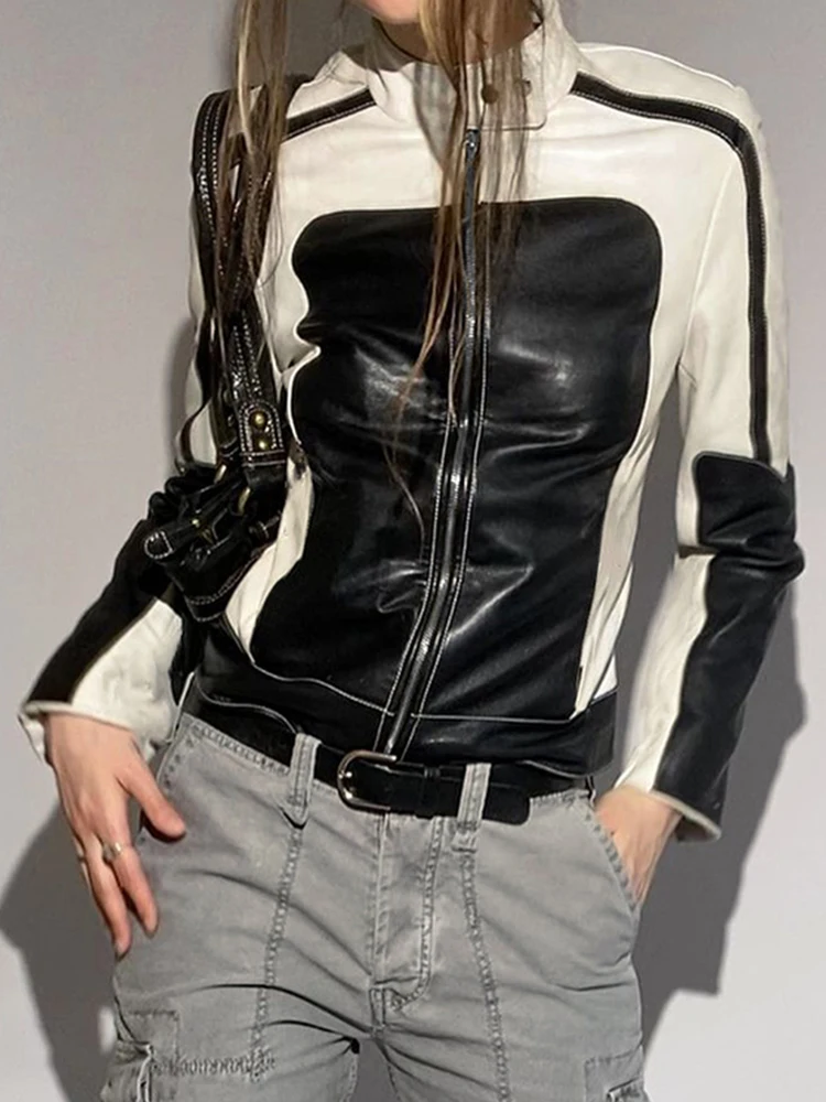 SUCHCUTE Motorcycle Black White Contrast Print Leather Jackets Women Moto & Biker Zip Up Slim PU Bomber Jacket Racing Outwears