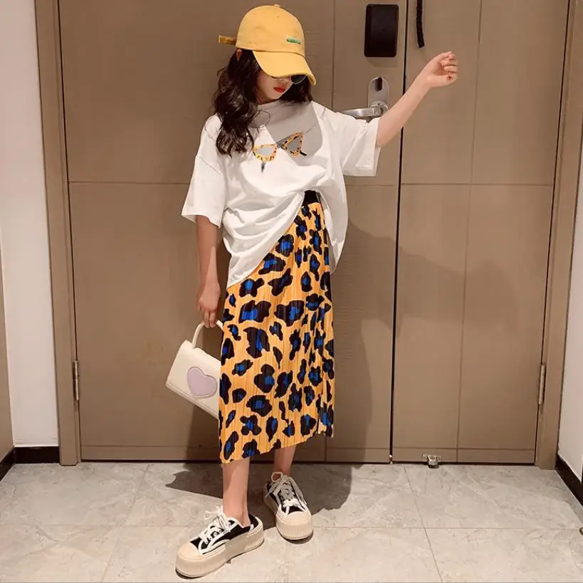 

Girl Summer Sets Fashion Leopard Print Suits Kids Short Sleeve T-Shirts + Skirts 2pcs Sets Children Clothes Suits 6-16Y Wz810