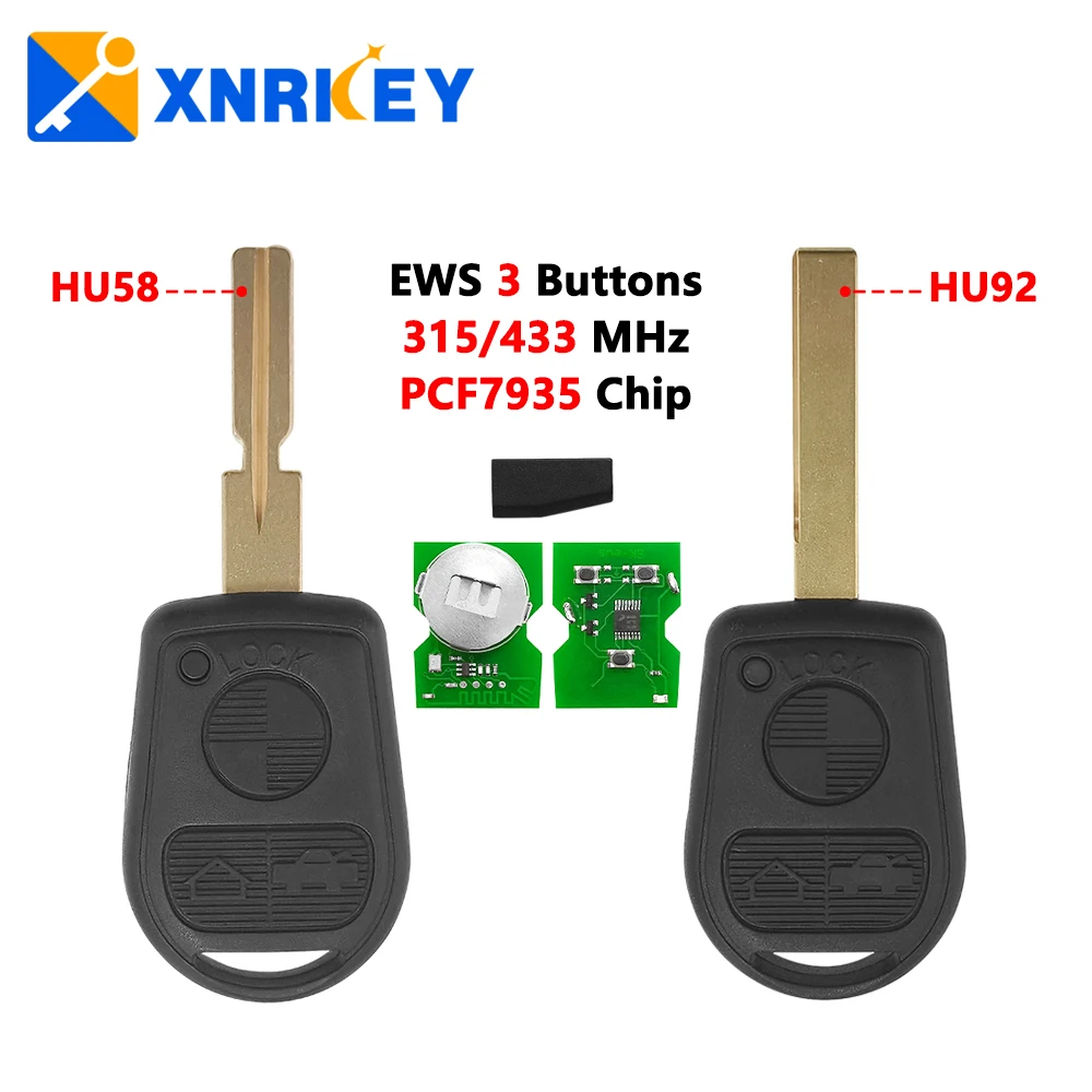 

XNRKEY 3 Button Remote Car Key PCF7935 Chip 315/433Mhz for BMW Z3 E31 E32 E34 E36 E38 E39 E46 Z3i Car Key with HU58/HU92 Blade