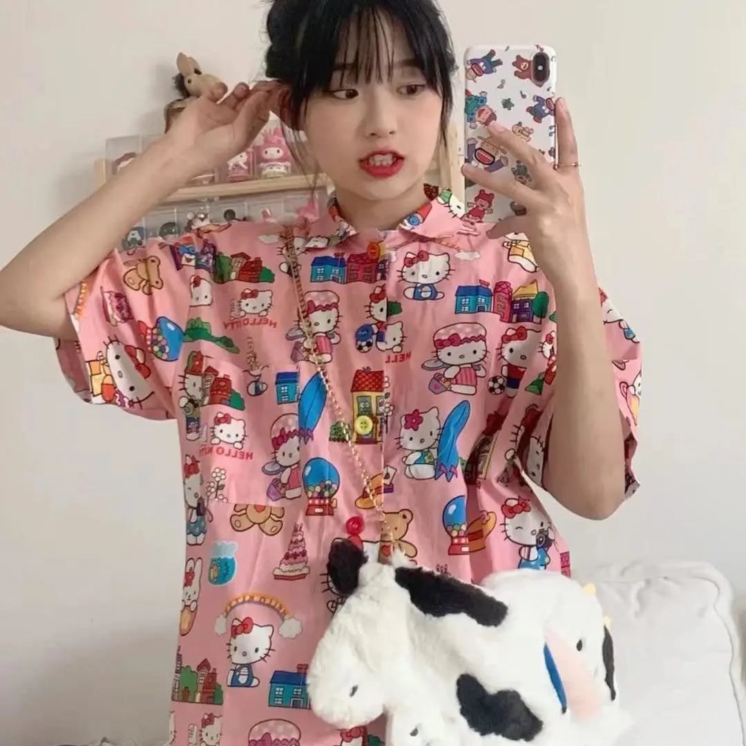 

Kawaii Sanrio аксессуары рукава рубашка Hello Kittys Милая Красивая Девочка ретро сладкая девочка летняя розовая печать женская одежда подарок