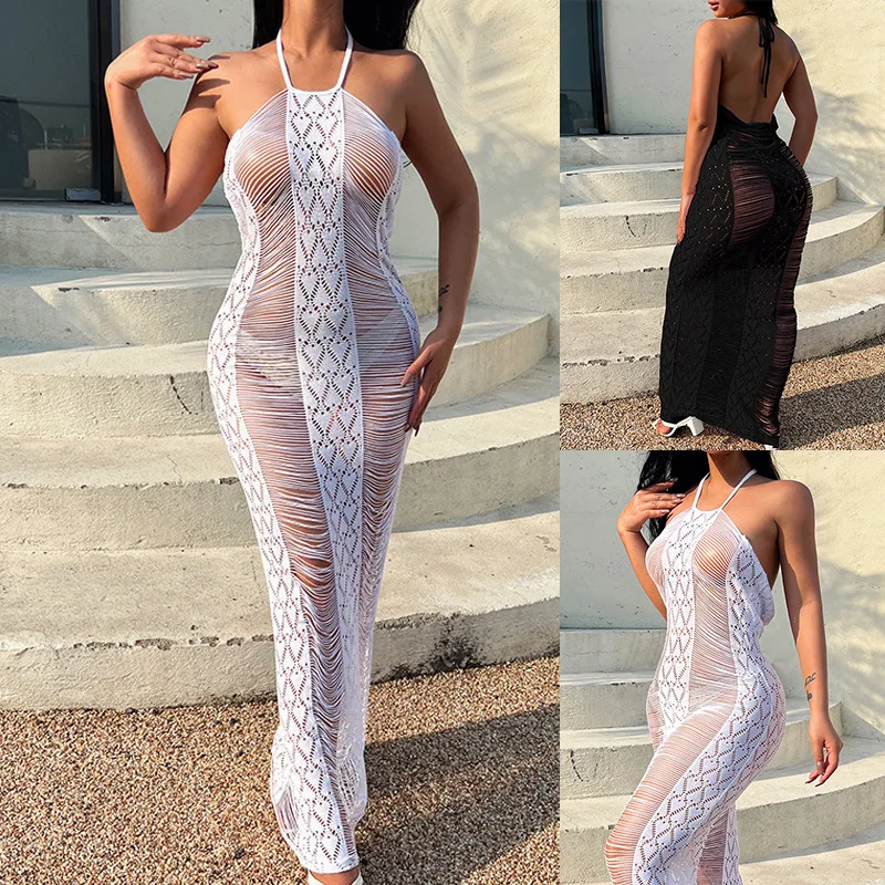 

Beach Bikini for Women Halterneck Lace-up Sexy Dress Women New Knitted Fringed Backslip Blouse Dress