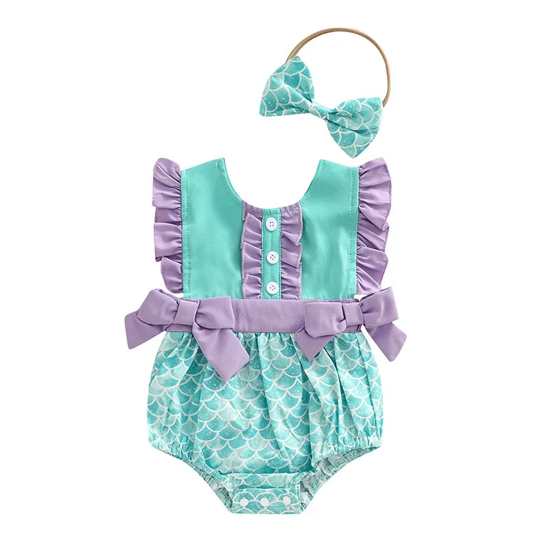 

Baby Girls Summer Romper with Headband, Sleeveless Print Ruffle Bow Crew Romper, Infant Girls Snap Bottom Jumpsuit