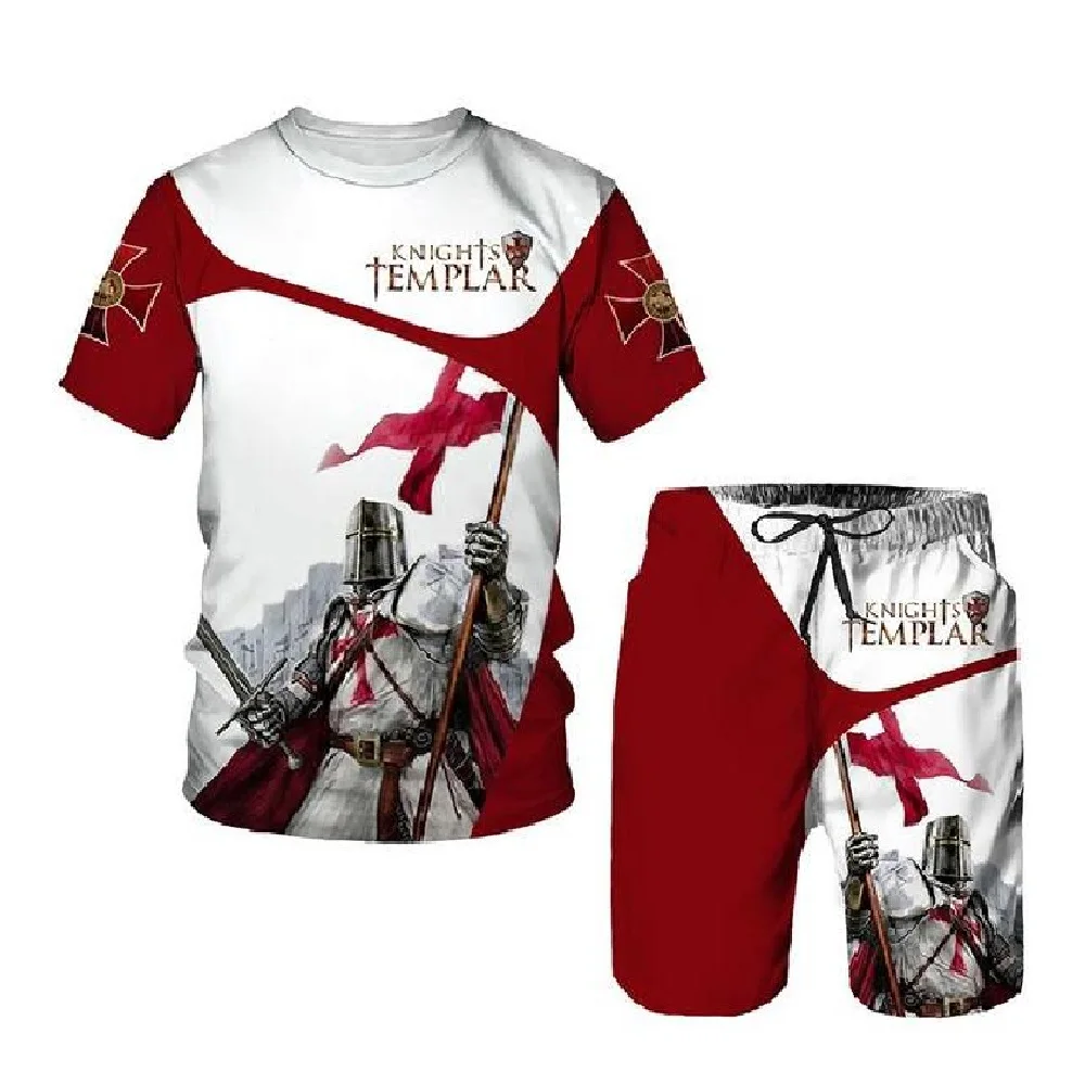 2021 Summer Hot Men's Suit 3D Knights Templar Print Men's T-Shirt Shorts Suit Jogging Sportswear Workout Short Sleeve Neck Crew