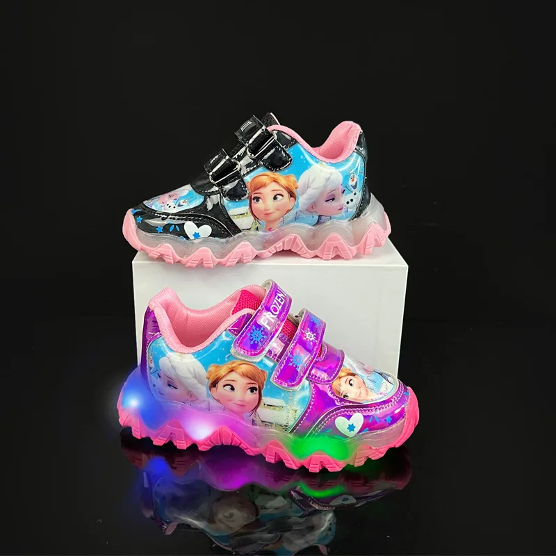 

Spring Autumn Girl Causal Shoes Cartoon Frozen Anna Elsa Print LED Glowing Sneakers Children Sport Kid Leather Light Shoes 27-32