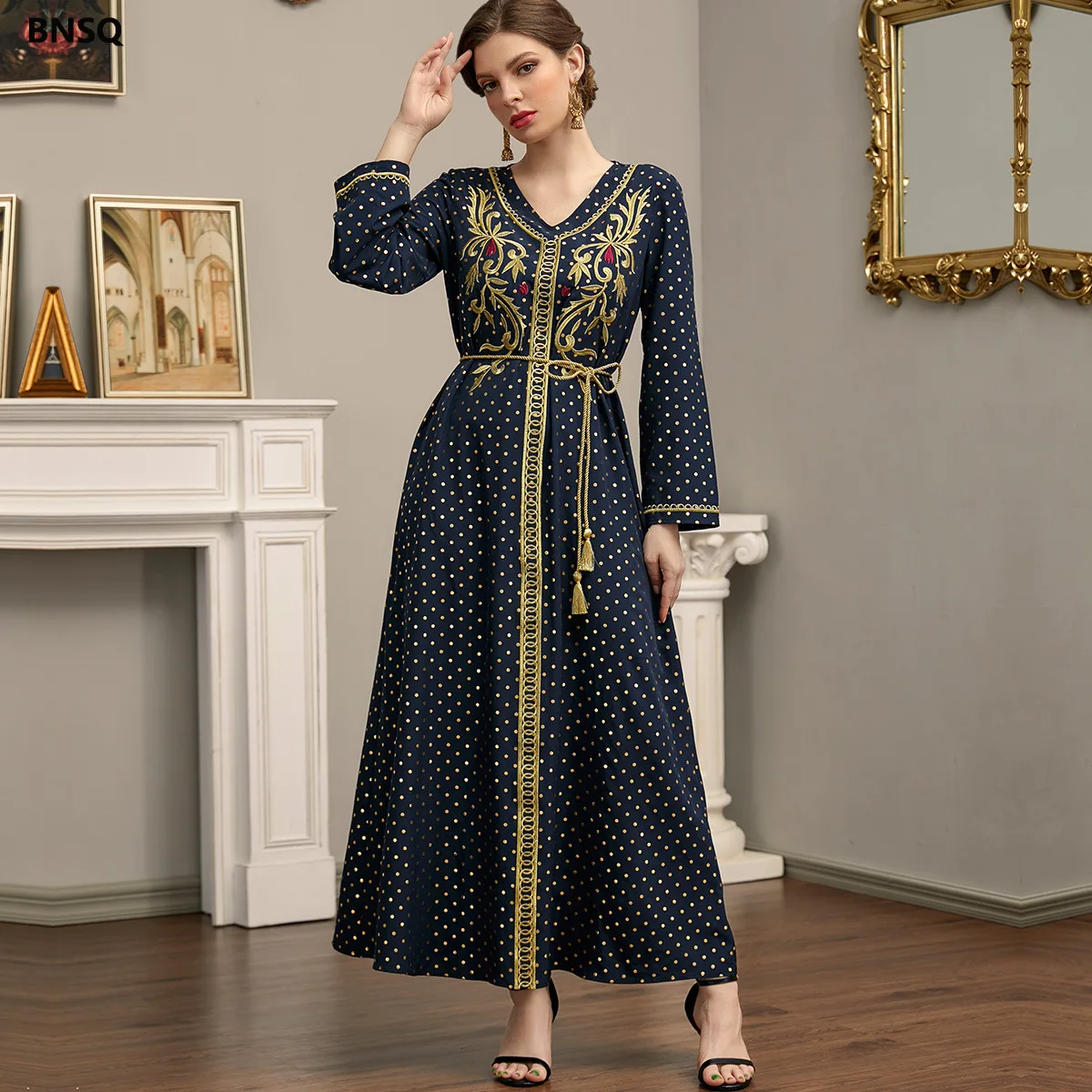 

Muslim Women Long Maxi Dress Arabic Robe Dark Blue Embroidered Ethnic Dotted Prints Lace-up Four Seasons Long Dress Abaya