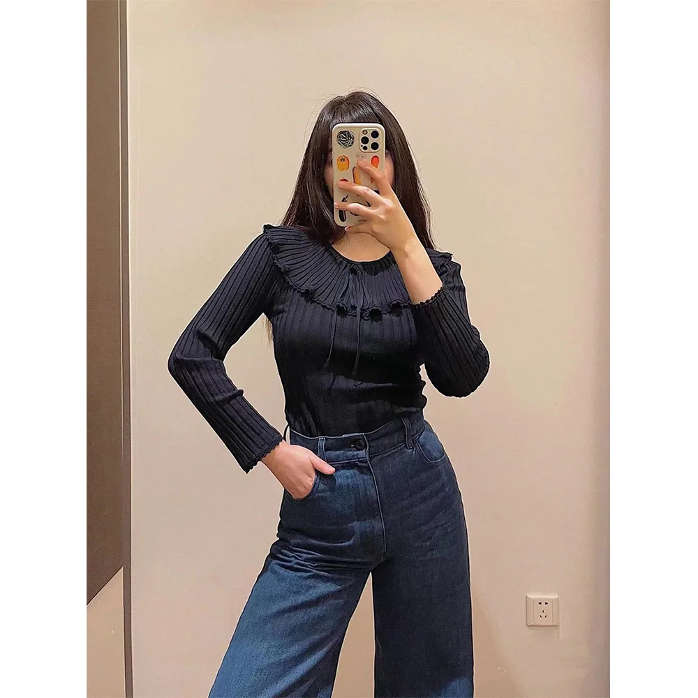 

2023 autumn and winter new merino wool ruffled large lapel Slim pullover knitted bottoming shirt women