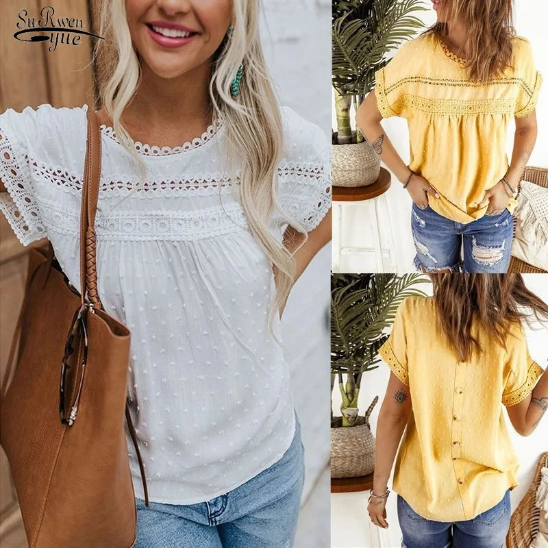 

Sweet O-neck Short Sleeve Splicing Blouse Summer Women's Lace Cotton Shirt Casual OL Short Sleeve Cute White Shirt Blusas 20367