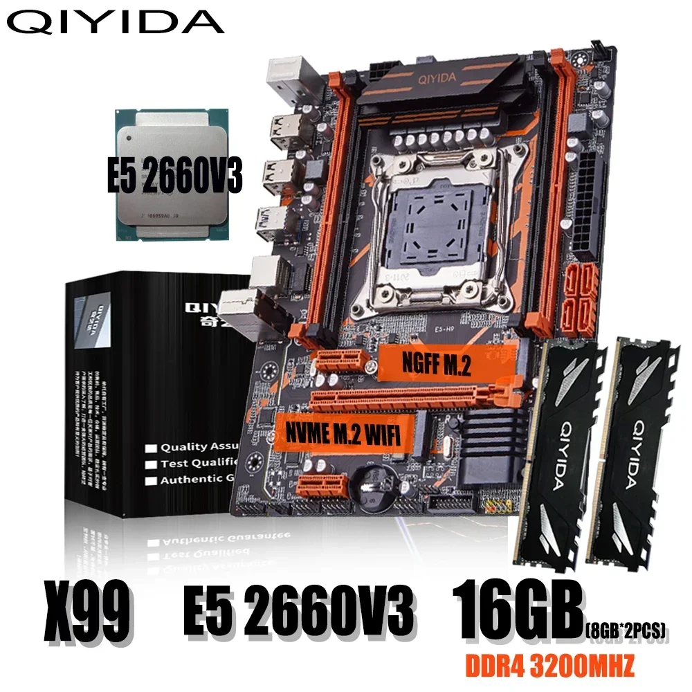 Комплект материнской платы Qiyida X99 LGA2011-3 E5 2660V3 2 шт.*8 ГБ=16 ГБ 3200 МГц DDR4 4 канала SATA 3.0