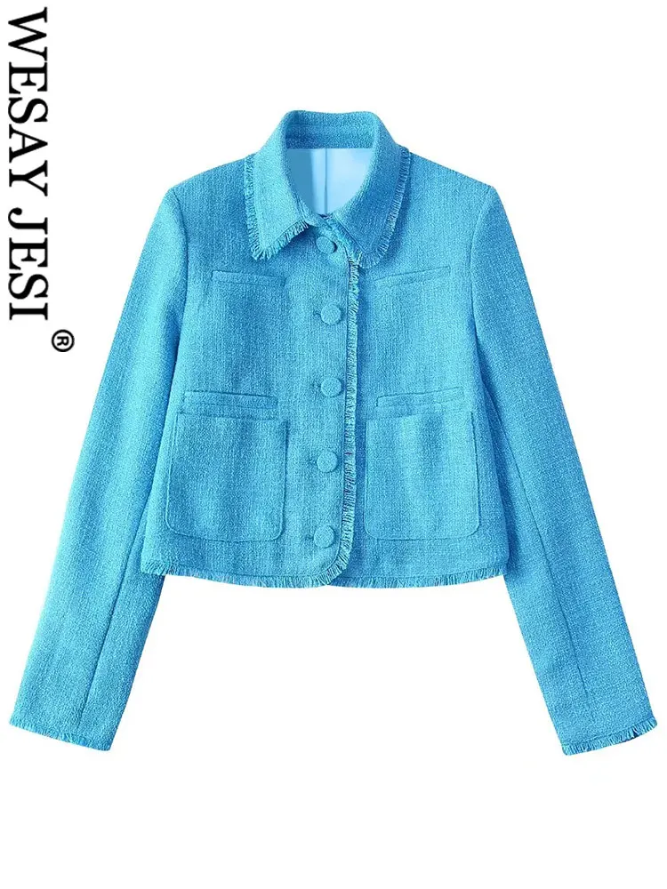 

WESAY JESI Trendy Blue Casual Loose Blazer Single Breasted Women's Top Versatile Fashion Handmade Raw Edge Ladies Coat Clothing