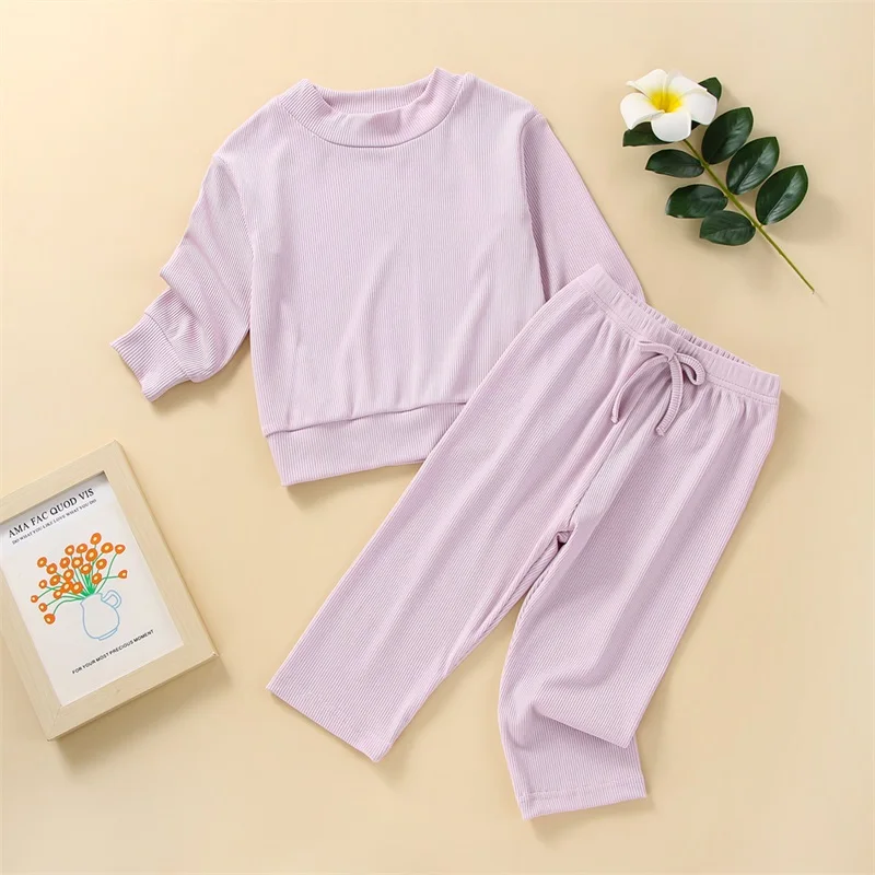 

Toddler Kids Unisex Casual Suit Solid Color Long Sleeve Round Neck Tops+Elastic Waist Long Pants