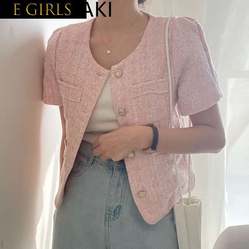 

E GIRLS Sweet Pink Short Sleeve Tweed Coat Woman Spring Summer 2023 Loose Casual Vintage Jackets French Style Chic Elegant Outer