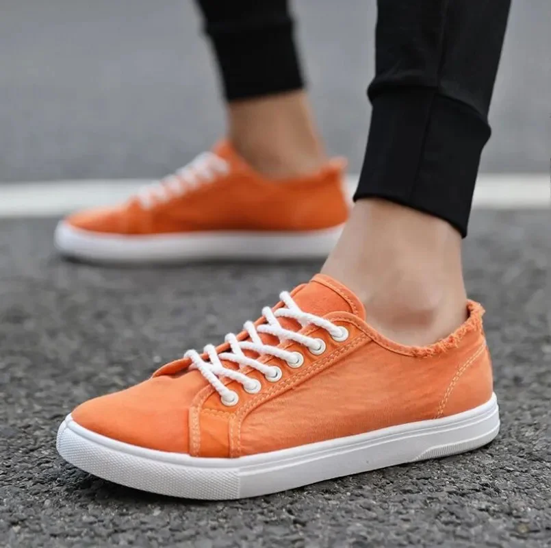 

Frayed Canvas Sneakers For Men Low Top Trainers Mens Orange Vulcanized Shoes New Tenis Anti-odor Men's Plimsoll Loafers