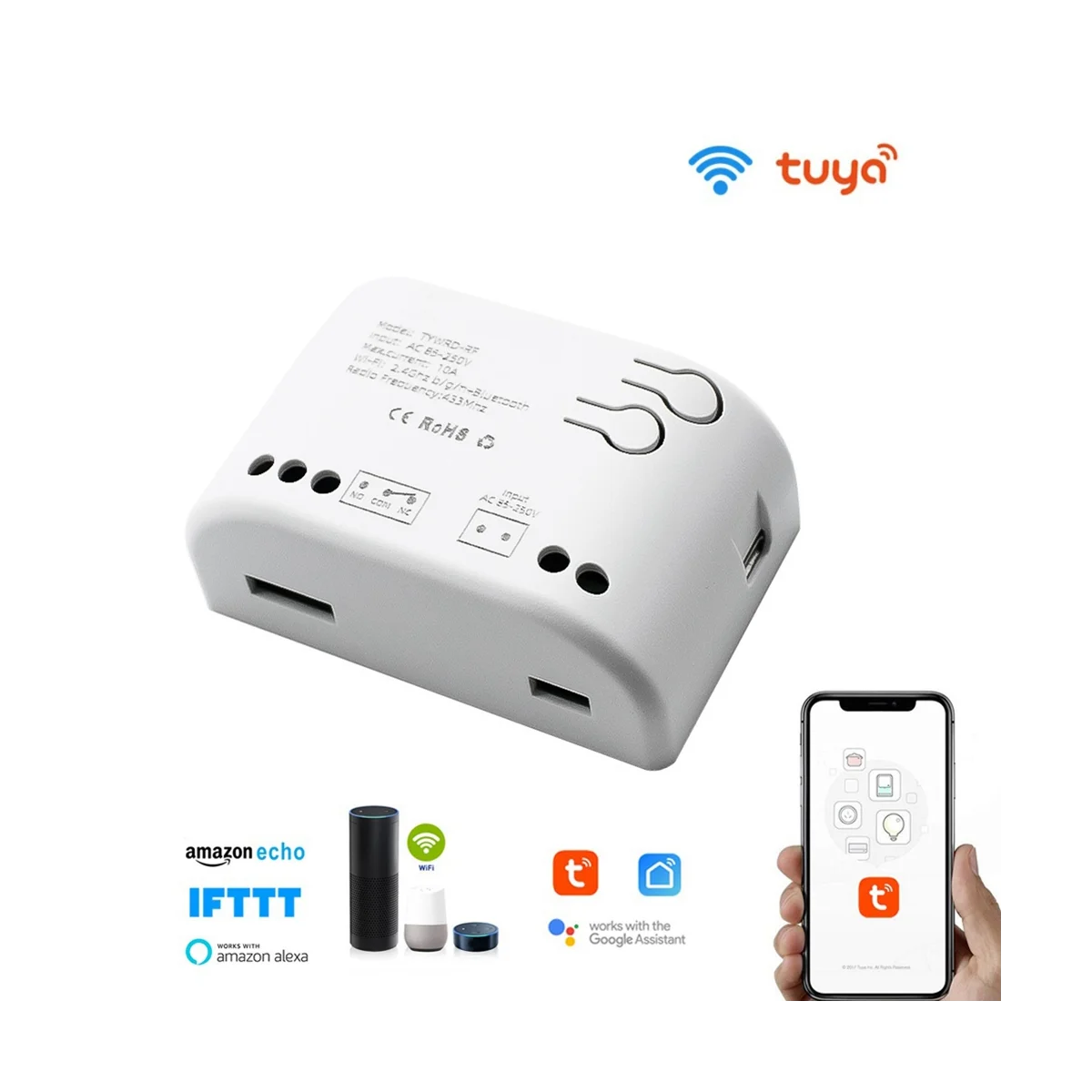 

Умный выключатель Tuya, 1 канал, 85-250 В, 10 А, автоматический релейный модуль, дистанционное управление через приложение, беспроводной Wi-Fi переключатель для открытой двери, 433 МГц