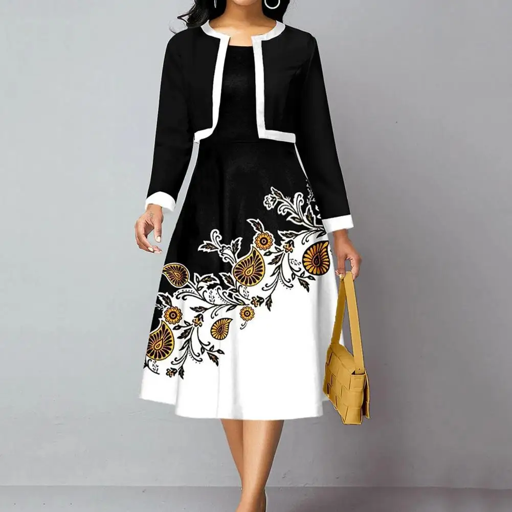

2 Pcs/Set Women Coat Dress Set Printing Contrast Color Long Sleeves Loose Hem A-line Dress-up OL Style Open Stitch Women Prom Ou
