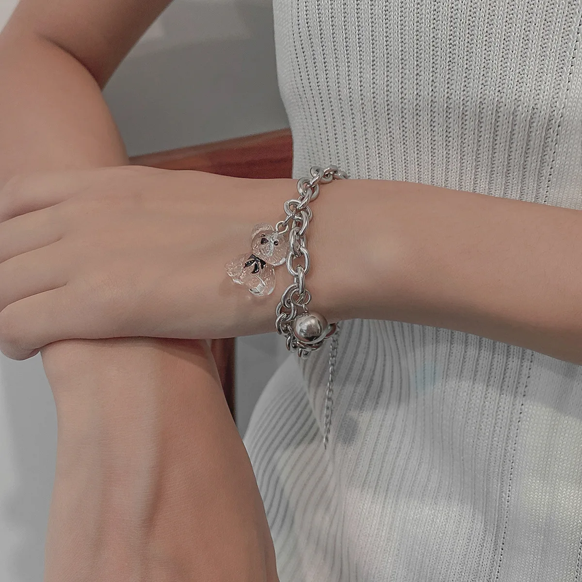 

Gummy Bear Bracelet Silver Transparent Resin Cute Bear Pendant Dangle Drop Bracelet Charm Jewelry Set Party Gift for Girls Women