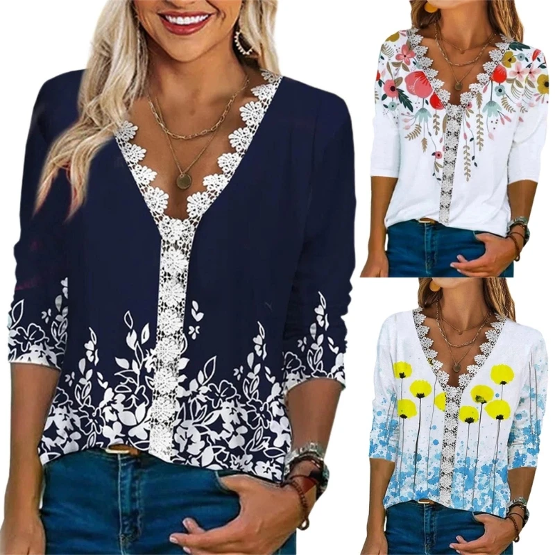 

Женская Повседневная футболка с цветочным принтом, модные блузки средней длины с рукавами и V-образным вырезом, повседневные свободные топы...