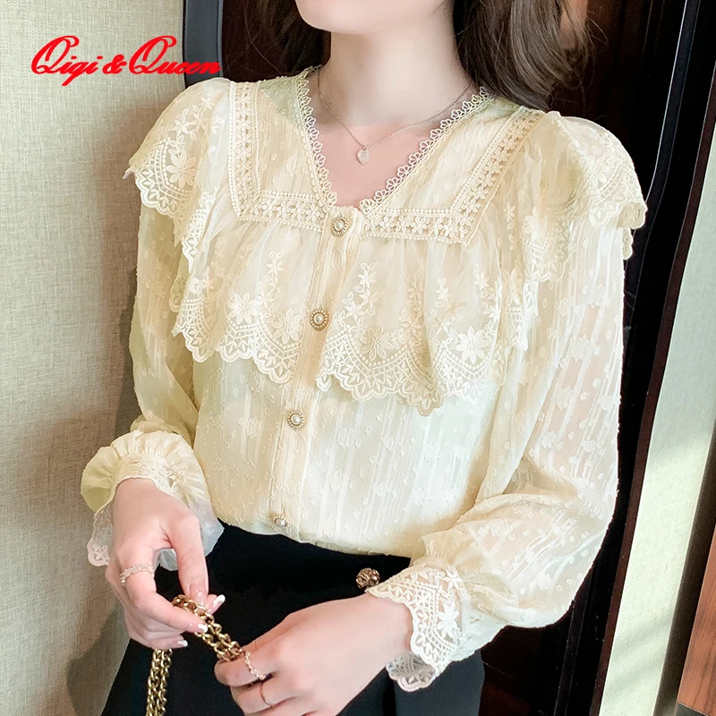 

Женская кружевная рубашка Qiqi & queen, Элегантная блузка с V-образным вырезом и сетчатыми вставками, рубашка в иностранном стиле с длинными рукавами, весна 2023