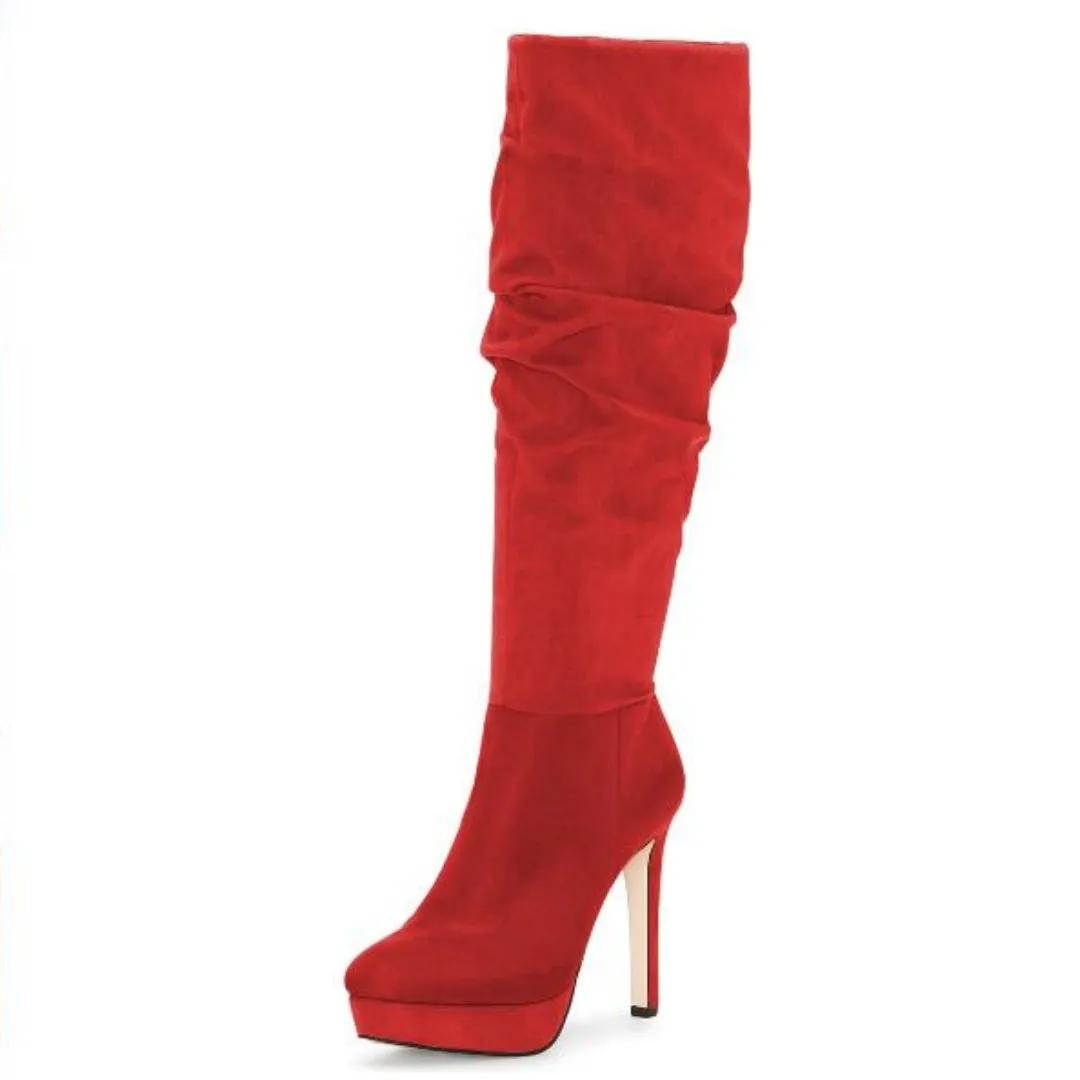 

Обувь SHOFOO, модные женские сапоги на высоком каблуке. Высота каблука около 12 см. Женские сапоги до колен. Плиссированные красные сапоги