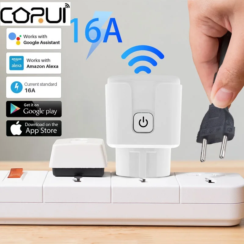 Купи CORUI Tuya Wireless Remote Socket EU Plug Smart Timer Home Fire Retardant Smart Power Socket Plug Voice Control Enchufe Intelige за 419 рублей в магазине AliExpress