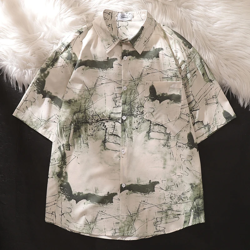 Chinese Sle Artistic Graffiti Short sleeve Shirts Women 2024 New Fashion Brand Loose Casual Couple Drape Half Sleeve Shirt |