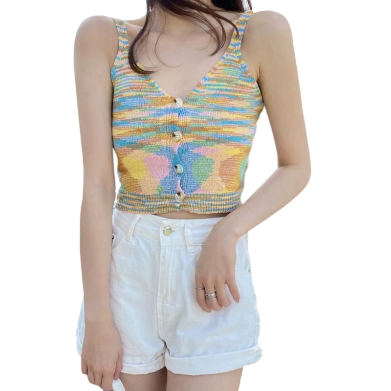 Женский трикотажный топ на бретелях-спагетти с пуговицами и глубоким V-образным